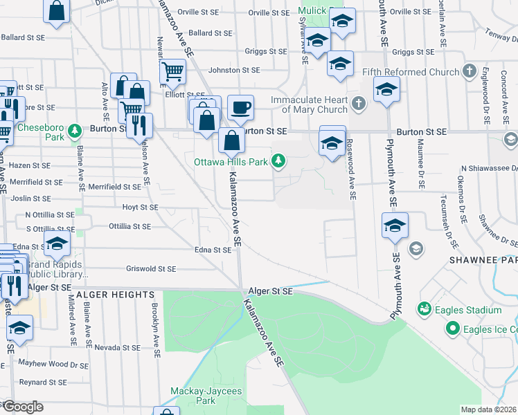 map of restaurants, bars, coffee shops, grocery stores, and more near 1441 Linwood Street Southeast in Grand Rapids