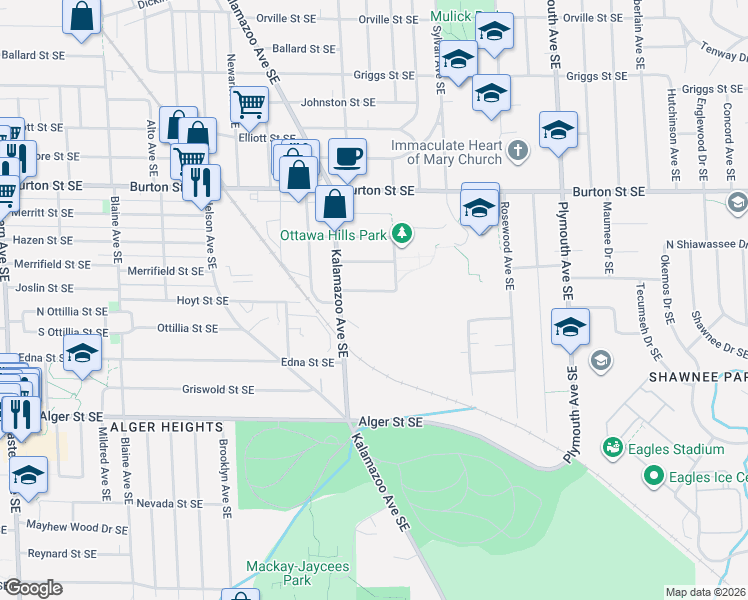 map of restaurants, bars, coffee shops, grocery stores, and more near 1441 Linwood Street Southeast in Grand Rapids