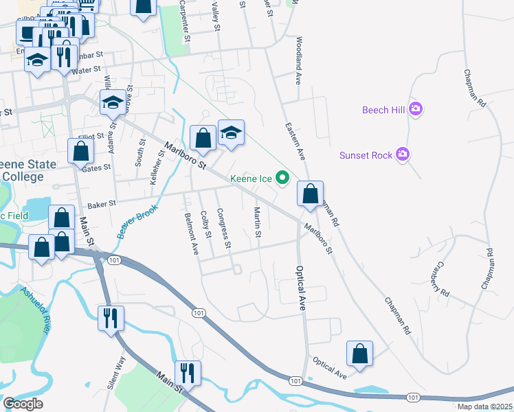 map of restaurants, bars, coffee shops, grocery stores, and more near 54 Martin St in Keene