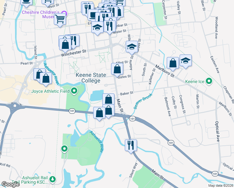 map of restaurants, bars, coffee shops, grocery stores, and more near 390 Main Street in Keene