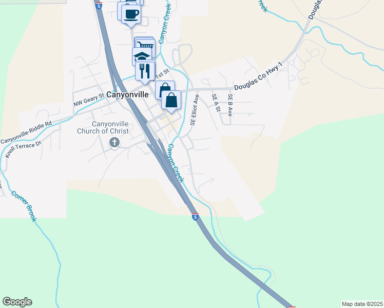 map of restaurants, bars, coffee shops, grocery stores, and more near 605 Southeast Gross Street in Canyonville