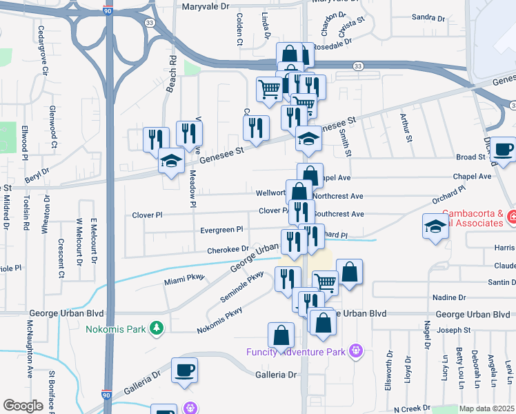 map of restaurants, bars, coffee shops, grocery stores, and more near 95 Wellworth Place in Buffalo