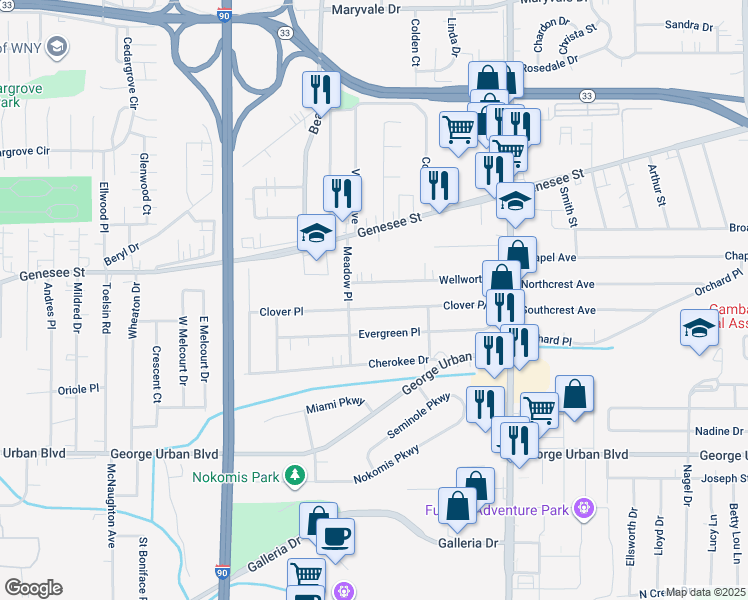 map of restaurants, bars, coffee shops, grocery stores, and more near 15 Wellworth Place in Buffalo