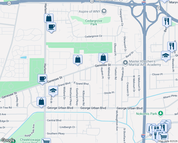 map of restaurants, bars, coffee shops, grocery stores, and more near 2930 Genesee Street in Cheektowaga
