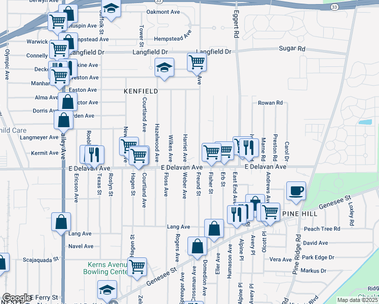 map of restaurants, bars, coffee shops, grocery stores, and more near 42 Edison Avenue in Buffalo
