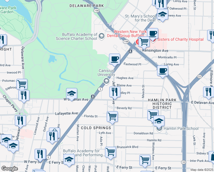 map of restaurants, bars, coffee shops, grocery stores, and more near 1901 Main Street in Buffalo