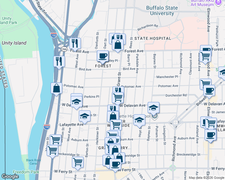 map of restaurants, bars, coffee shops, grocery stores, and more near 227 Congress Street in Buffalo