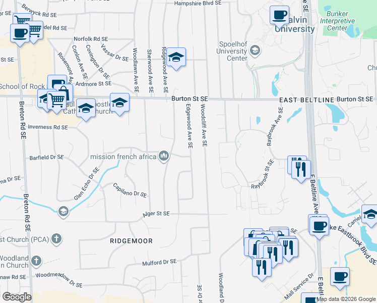 map of restaurants, bars, coffee shops, grocery stores, and more near 2140 Edgewood Avenue Southeast in Grand Rapids