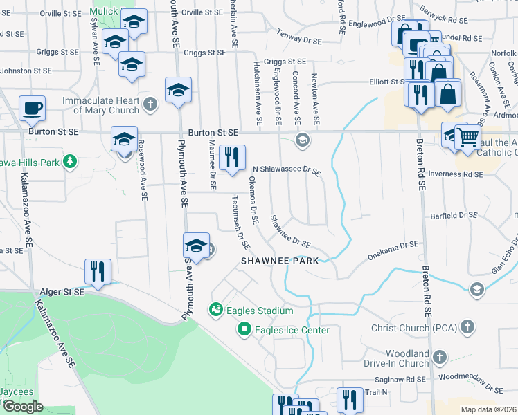map of restaurants, bars, coffee shops, grocery stores, and more near 2149 Shawnee Drive Southeast in Grand Rapids