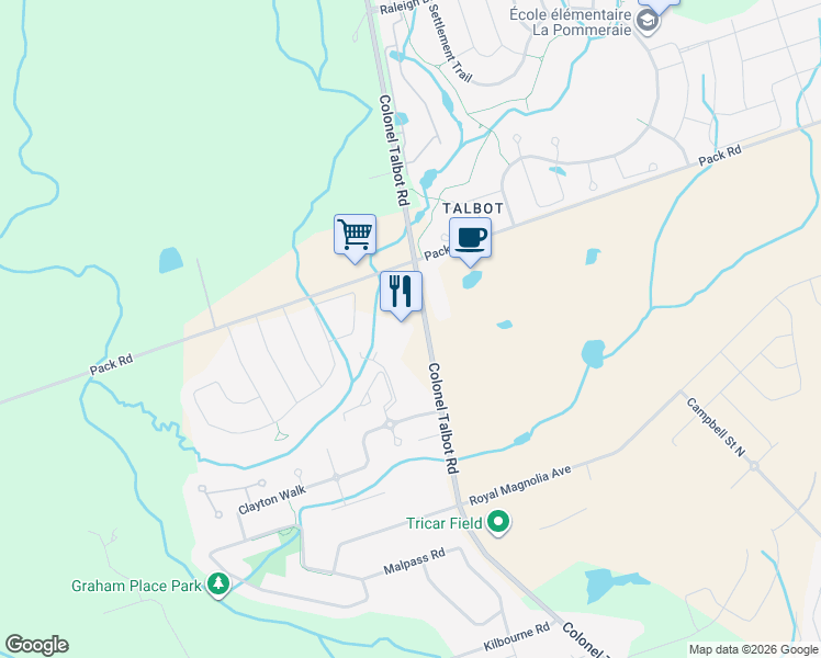 map of restaurants, bars, coffee shops, grocery stores, and more near 3493 Colonel Talbot Road in London