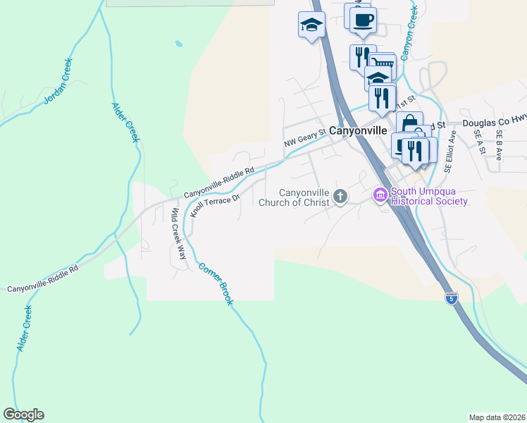 map of restaurants, bars, coffee shops, grocery stores, and more near 195 Samantha Way in Canyonville