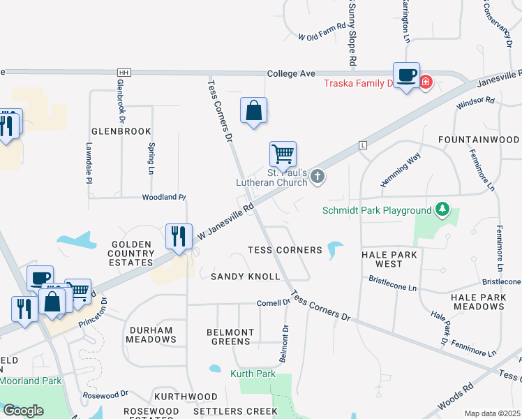 map of restaurants, bars, coffee shops, grocery stores, and more near S66W14475 Janesville Road in Muskego