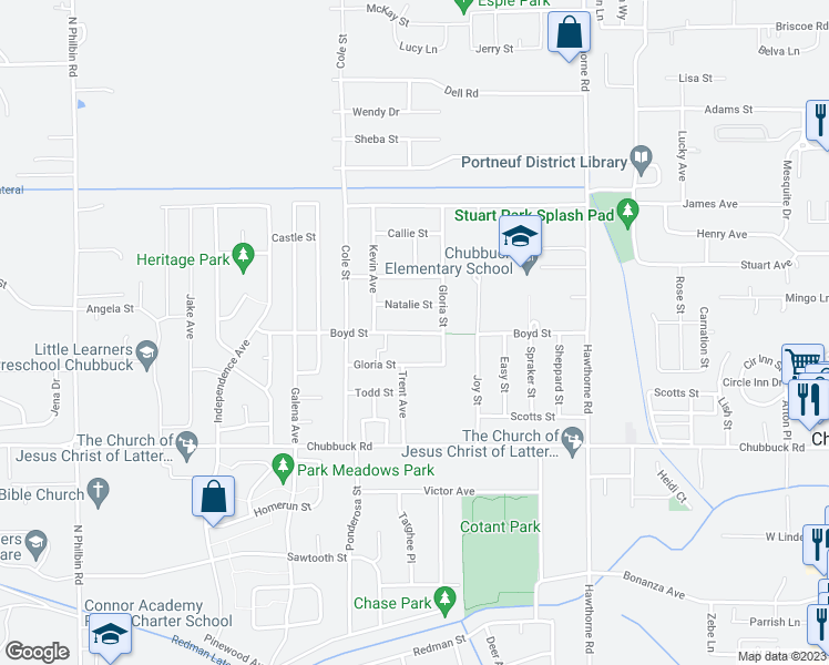 map of restaurants, bars, coffee shops, grocery stores, and more near 763 Boyd Street in Pocatello