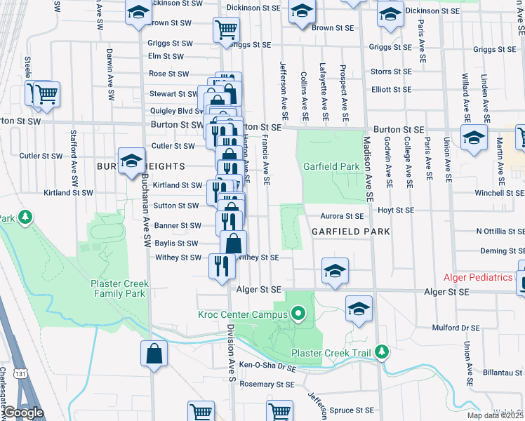 map of restaurants, bars, coffee shops, grocery stores, and more near 2154 Horton Avenue Southeast in Grand Rapids