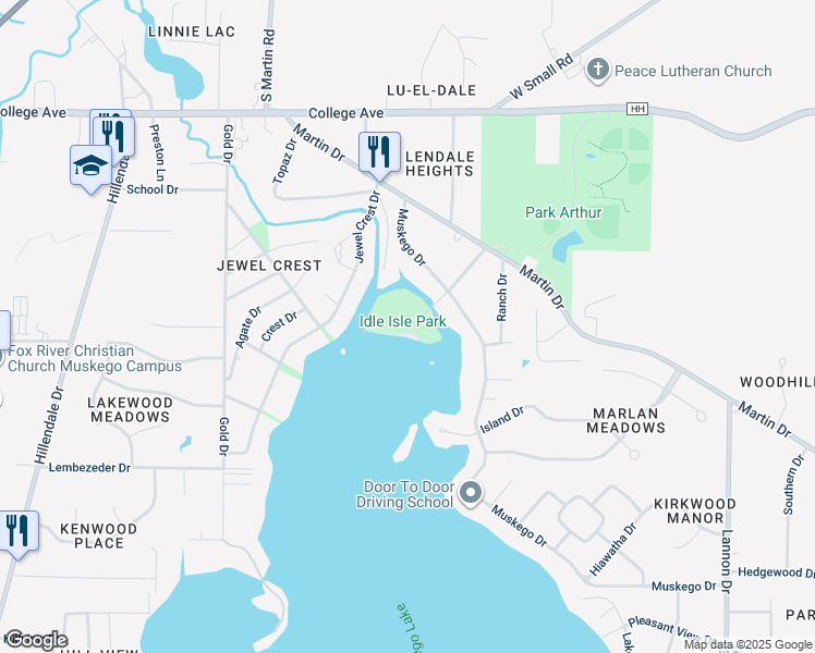 map of restaurants, bars, coffee shops, grocery stores, and more near W182S6666 Hardtke Drive in Muskego