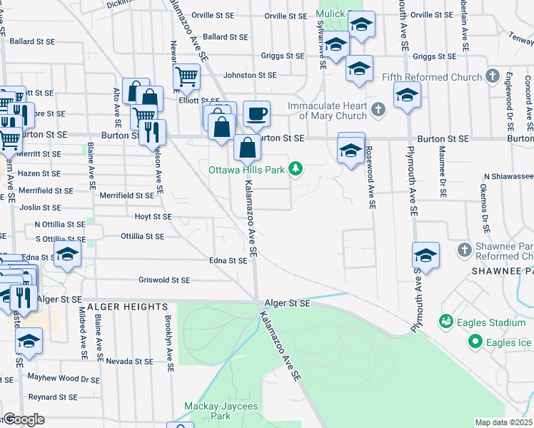 map of restaurants, bars, coffee shops, grocery stores, and more near 1422 Linwood Street Southeast in Grand Rapids