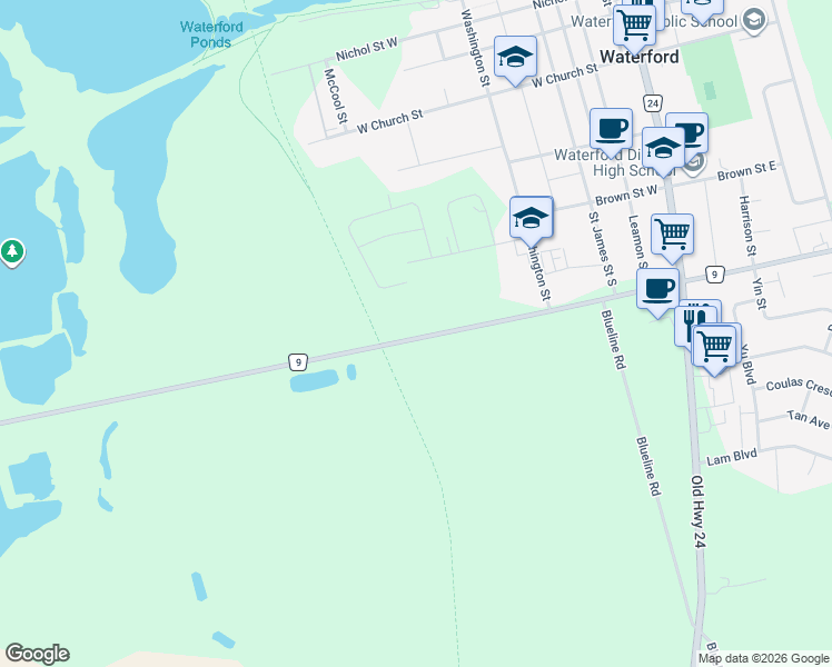 map of restaurants, bars, coffee shops, grocery stores, and more near 213 Norfolk County Road 9 in Waterford