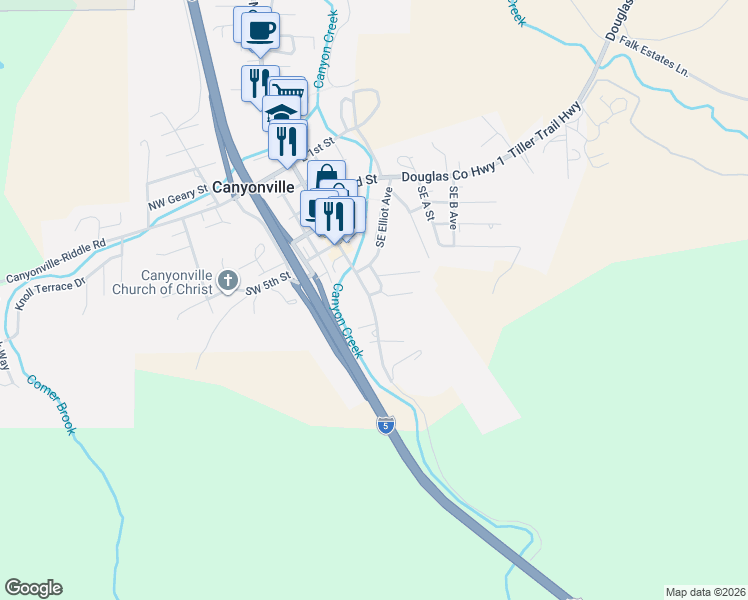 map of restaurants, bars, coffee shops, grocery stores, and more near 607 Southeast Gross Street in Canyonville