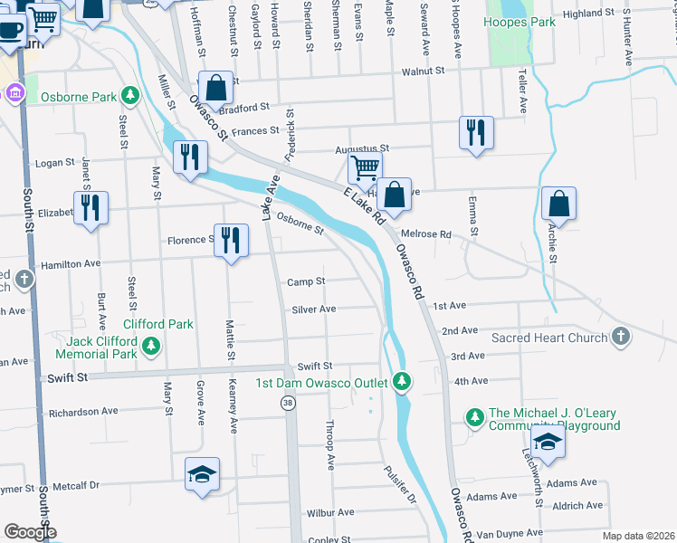 map of restaurants, bars, coffee shops, grocery stores, and more near 19 Camp Street in Auburn