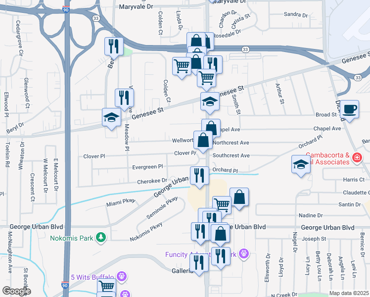 map of restaurants, bars, coffee shops, grocery stores, and more near 131 Wellworth Place in Buffalo