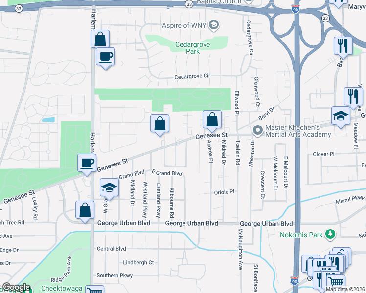 map of restaurants, bars, coffee shops, grocery stores, and more near 2930 Genesee Street in Cheektowaga