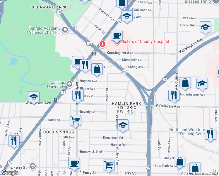 map of restaurants, bars, coffee shops, grocery stores, and more near 132 Blaine Avenue in Buffalo