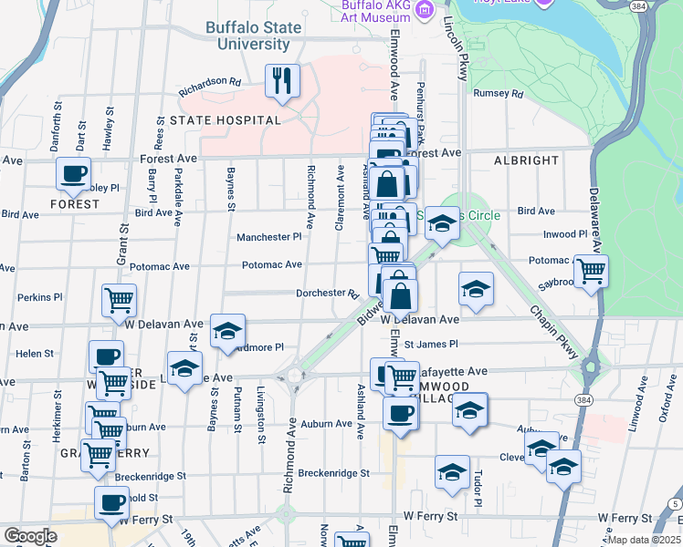 map of restaurants, bars, coffee shops, grocery stores, and more near 547 Potomac Avenue in Buffalo