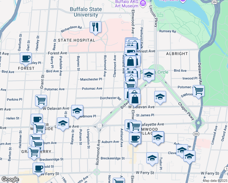 map of restaurants, bars, coffee shops, grocery stores, and more near 547 Potomac Avenue in Buffalo