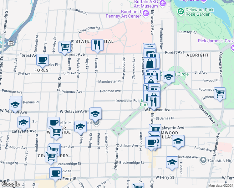 map of restaurants, bars, coffee shops, grocery stores, and more near 467 Potomac Avenue in Buffalo