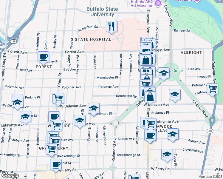 map of restaurants, bars, coffee shops, grocery stores, and more near 467 Potomac Avenue in Buffalo