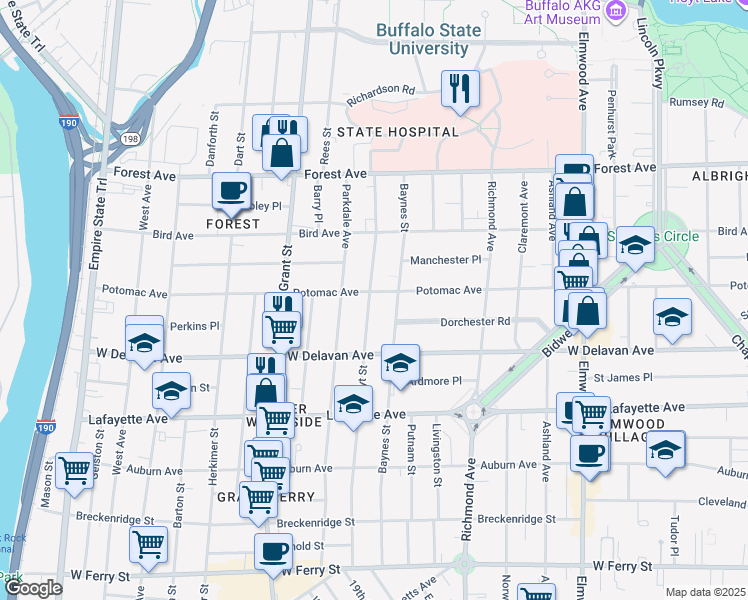 map of restaurants, bars, coffee shops, grocery stores, and more near 351 Potomac Avenue in Buffalo