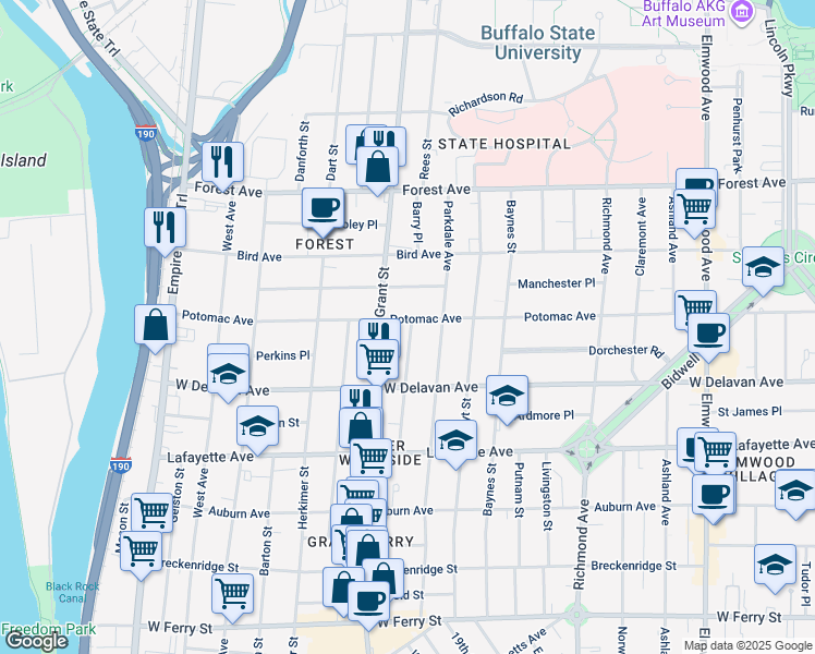 map of restaurants, bars, coffee shops, grocery stores, and more near 263 Potomac Avenue in Buffalo