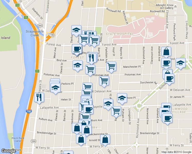 map of restaurants, bars, coffee shops, grocery stores, and more near 263 Potomac Avenue in Buffalo