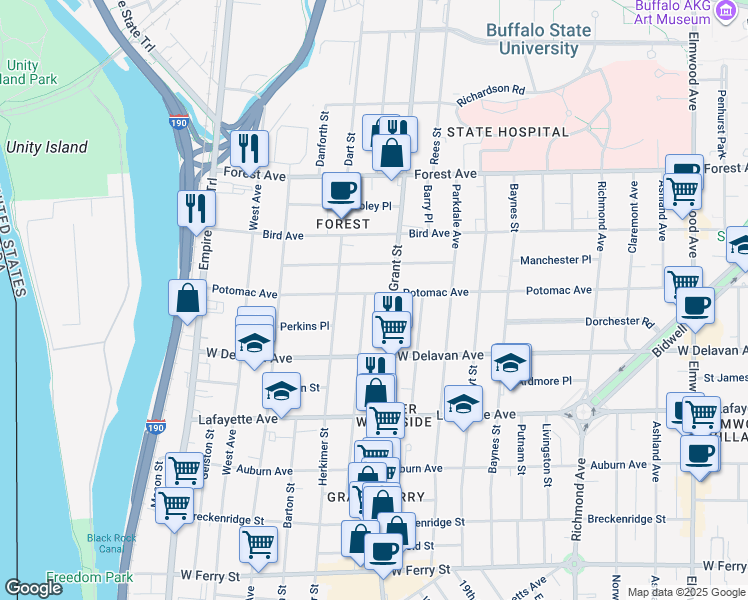 map of restaurants, bars, coffee shops, grocery stores, and more near 227 Congress Street in Buffalo