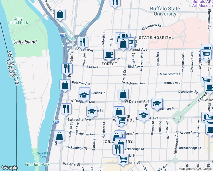 map of restaurants, bars, coffee shops, grocery stores, and more near in Buffalo