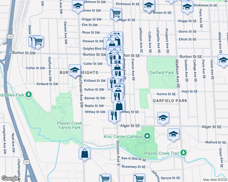 map of restaurants, bars, coffee shops, grocery stores, and more near 2154 Division Avenue South in Grand Rapids
