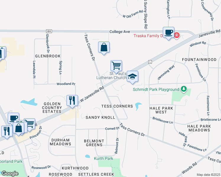 map of restaurants, bars, coffee shops, grocery stores, and more near S66W14475 Janesville Road in Muskego