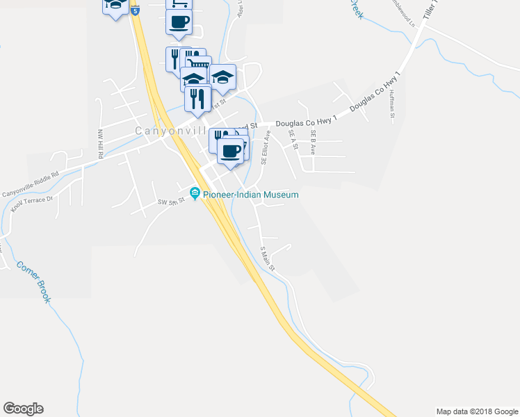 map of restaurants, bars, coffee shops, grocery stores, and more near 605 Southeast Gross Street in Canyonville