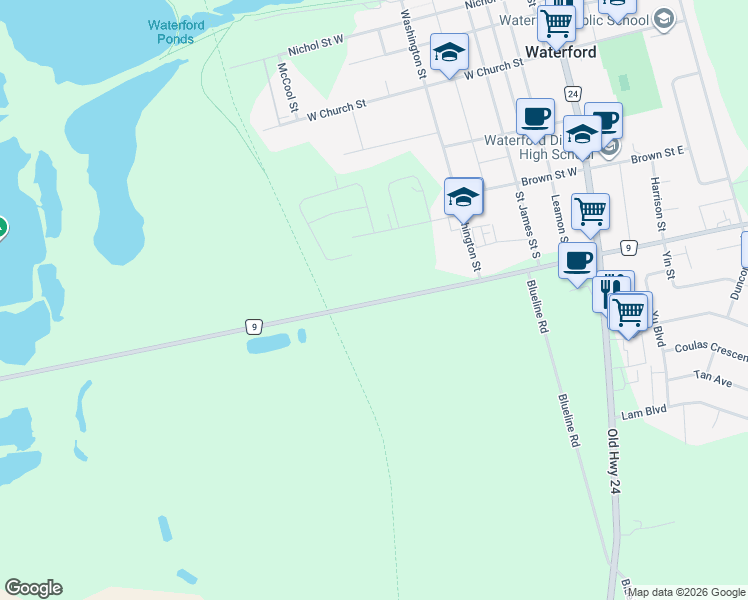 map of restaurants, bars, coffee shops, grocery stores, and more near 213 Norfolk County Road 9 in Waterford