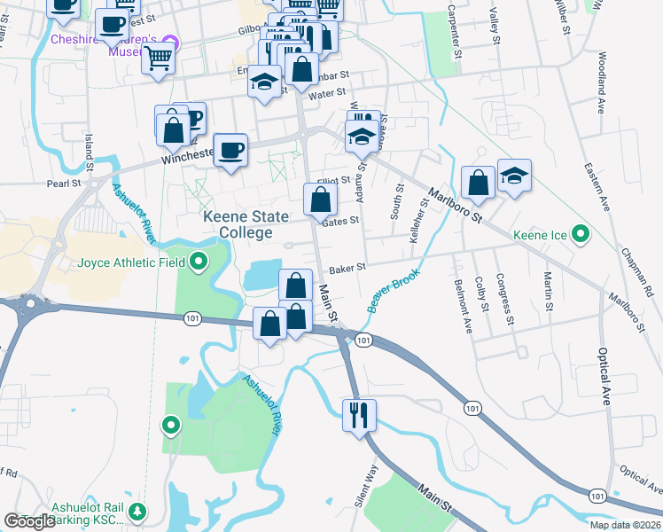 map of restaurants, bars, coffee shops, grocery stores, and more near 390 Main Street in Keene