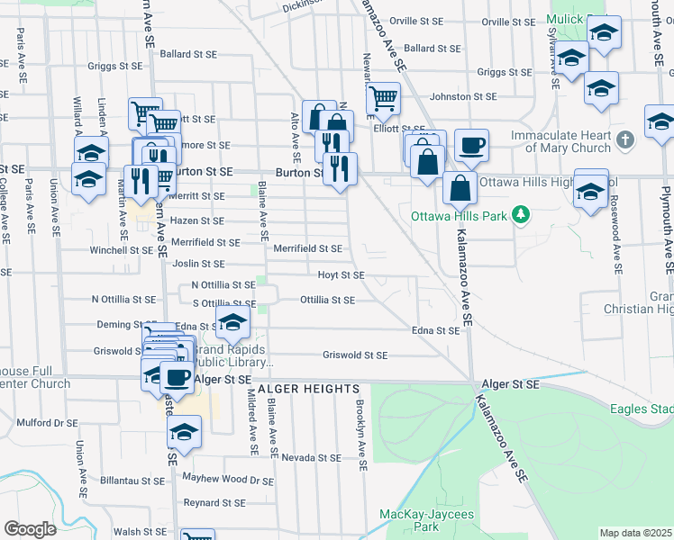 map of restaurants, bars, coffee shops, grocery stores, and more near 1137 Hoyt St SE in Grand Rapids