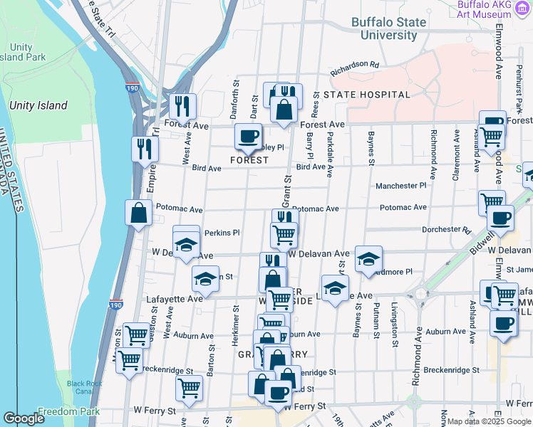 map of restaurants, bars, coffee shops, grocery stores, and more near 227 Congress Street in Buffalo