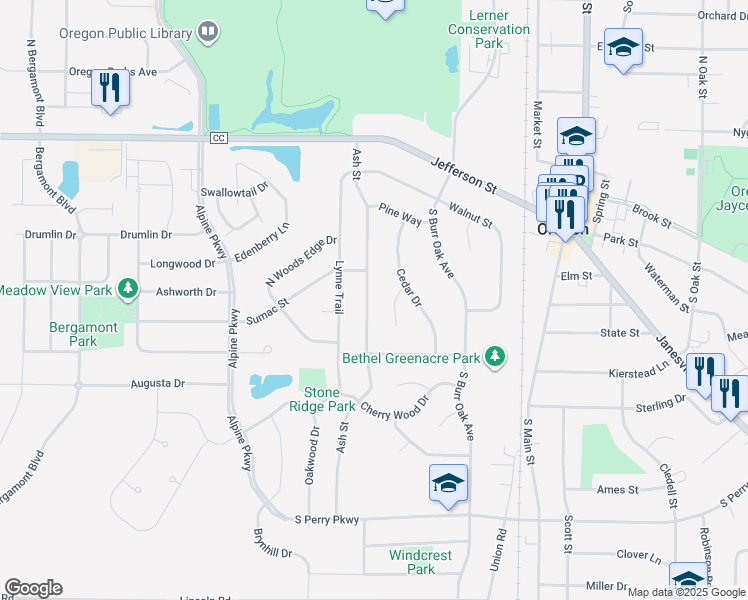 map of restaurants, bars, coffee shops, grocery stores, and more near 280 Ash Street in Oregon
