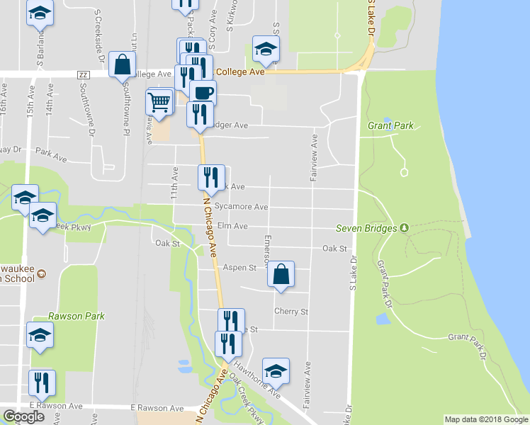 map of restaurants, bars, coffee shops, grocery stores, and more near 701 Sycamore Avenue in South Milwaukee