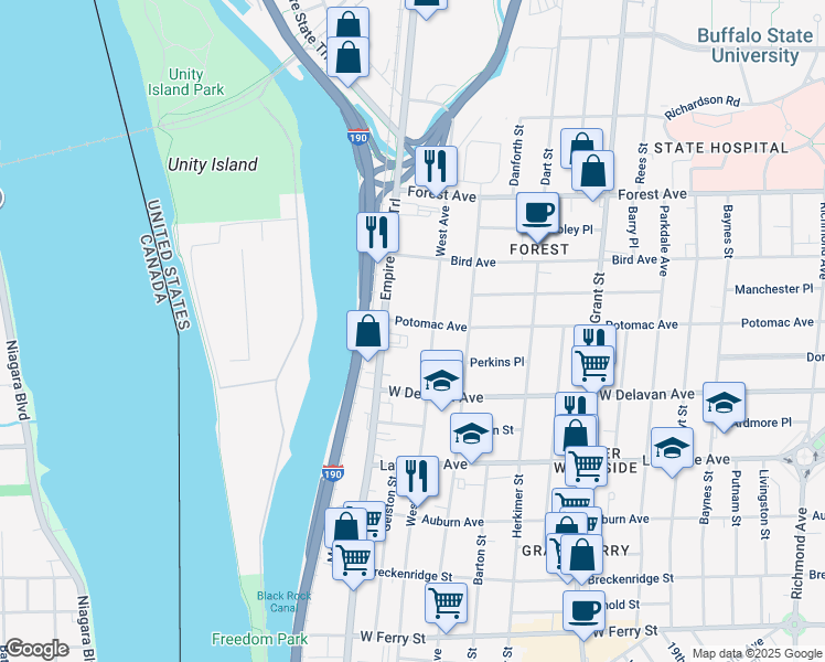 map of restaurants, bars, coffee shops, grocery stores, and more near 65 Potomac Ave in Buffalo