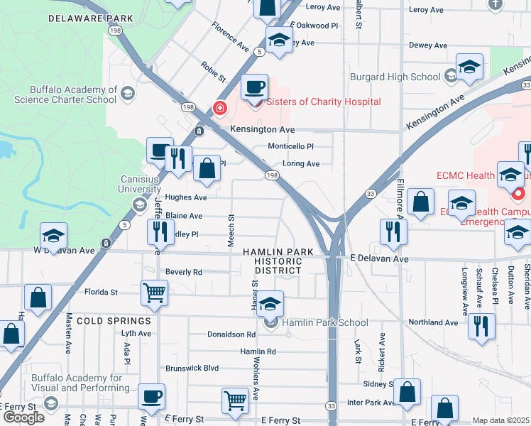 map of restaurants, bars, coffee shops, grocery stores, and more near 170 Blaine Avenue in Buffalo