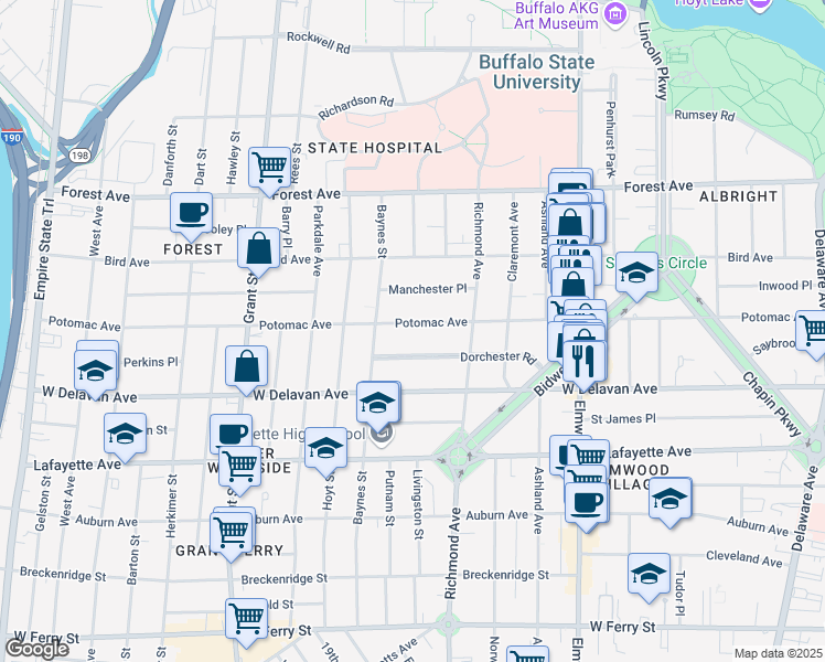 map of restaurants, bars, coffee shops, grocery stores, and more near 427 Potomac Avenue in Buffalo
