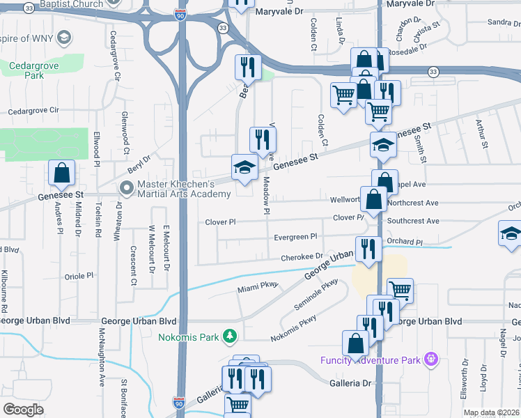 map of restaurants, bars, coffee shops, grocery stores, and more near 86 Meadow Place in Buffalo