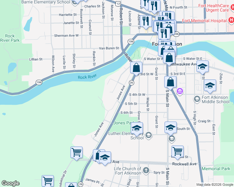 map of restaurants, bars, coffee shops, grocery stores, and more near 418 Jones Avenue in Fort Atkinson