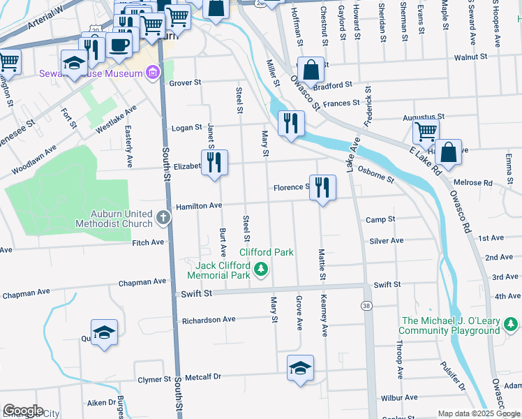 map of restaurants, bars, coffee shops, grocery stores, and more near 42 Hamilton Avenue in Auburn